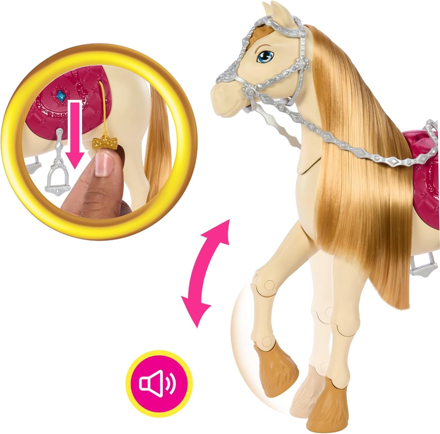 Barbie Cavalo de brinquedo com sons, música e acessórios, inspirado em Barbie The Great Horse Chase, cavalo se move, dança e pisca os olhos, HXJ42