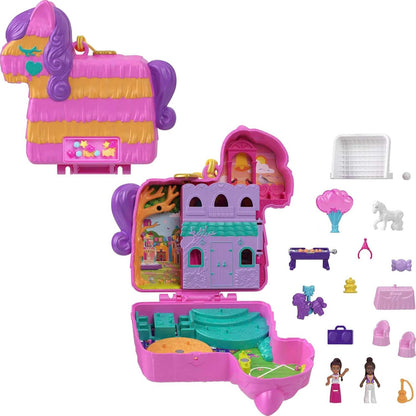 Polly Pocket Mini Toys, Piñata Party Playset compacto com 2 micro bonecas e 14 acessórios, Pocket World Travel Toys com surpresa revela, HKV32