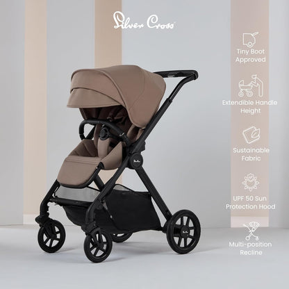 Silver Cross - Carrinho Reef 2, Alcofa dobrável para primeira cama e pacote de acessórios - Carrinho compacto e sistema de viagem para conforto em todo o terreno - Recém-nascido a 4 anos (22kg) - Mocha