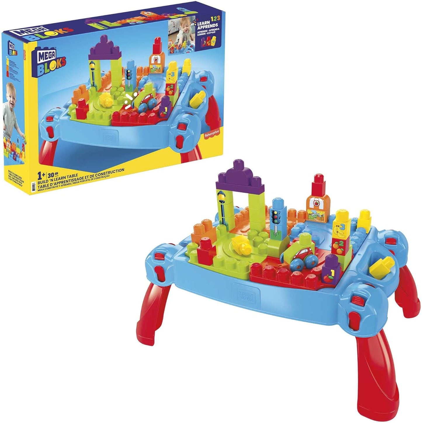 Mesa MEGA BLOKS Build 'n Learn, conjunto de construção com grandes blocos de construção e 1 veículo rolante, a partir de 1 ano, brinquedo educativo, FGV05