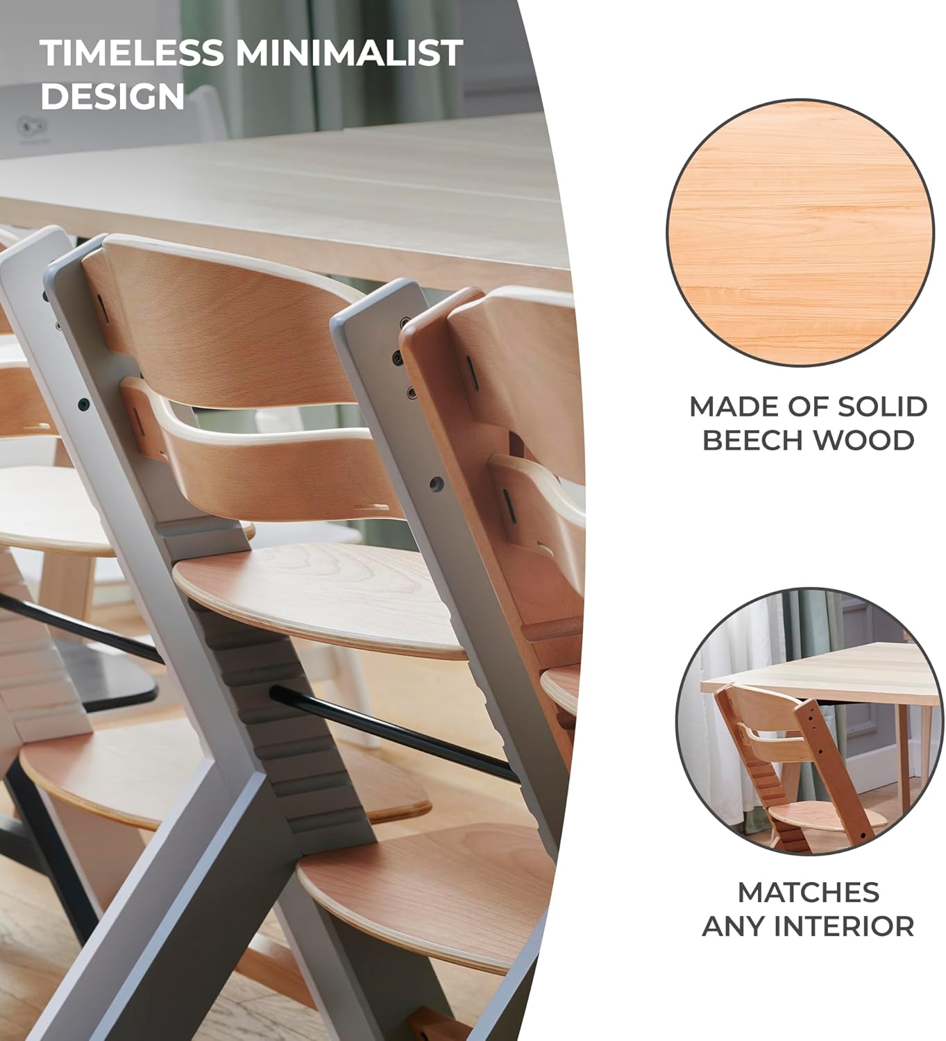 Kinderkraft NECK Trona de Madera 3 en 1, Silla Bebé Multifuncional, Altura Regulable y Reposapiés, Cinturón de Seguridad, con Bandeja Extraíble, para Niños hasta 10 Años, Madera Gris