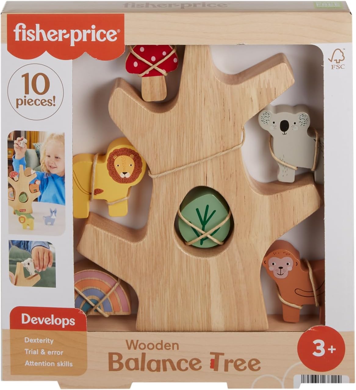 Fisher-Price Árvore de equilíbrio de madeira para brinquedo pré-escolar, 10 peças de madeira para empilhar brincadeiras de desenvolvimento para crianças de 3 anos ou mais,