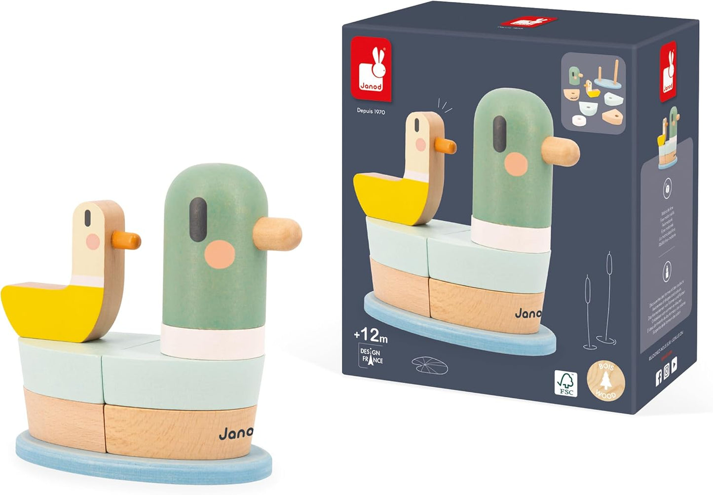 Janod - Pato apilable Sweet Cocoon - 7 piezas apilables de madera FSC - Juego de aprendizaje temprano - Desarrolla habilidades motoras finas - A partir de 12 meses,