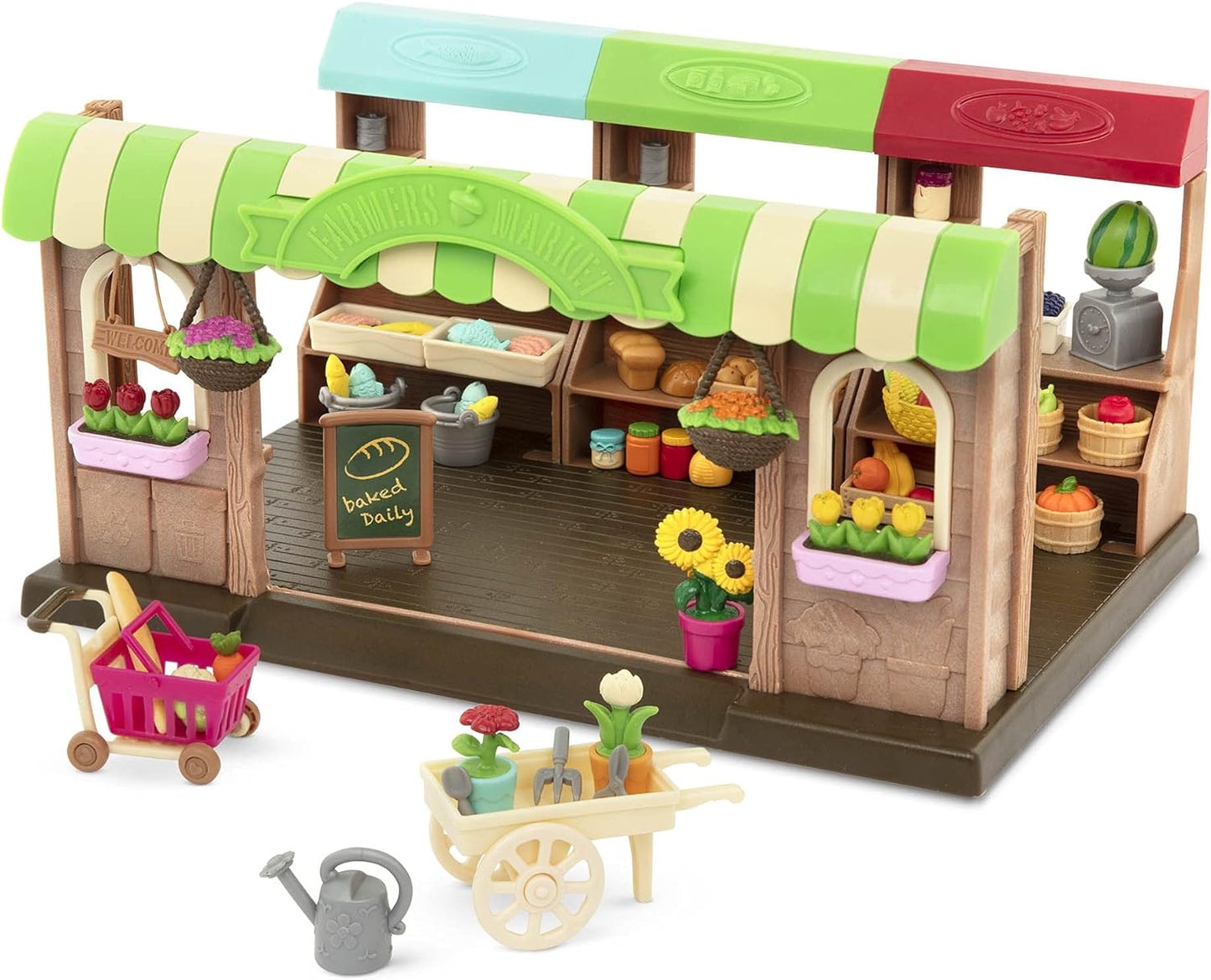 Li'l Woodzeez Market Playset – Hoppin’ Farmer’s Market – Conjunto de brinquedos de 67 peças – Brinquedos de família para crianças a partir de 3 anos