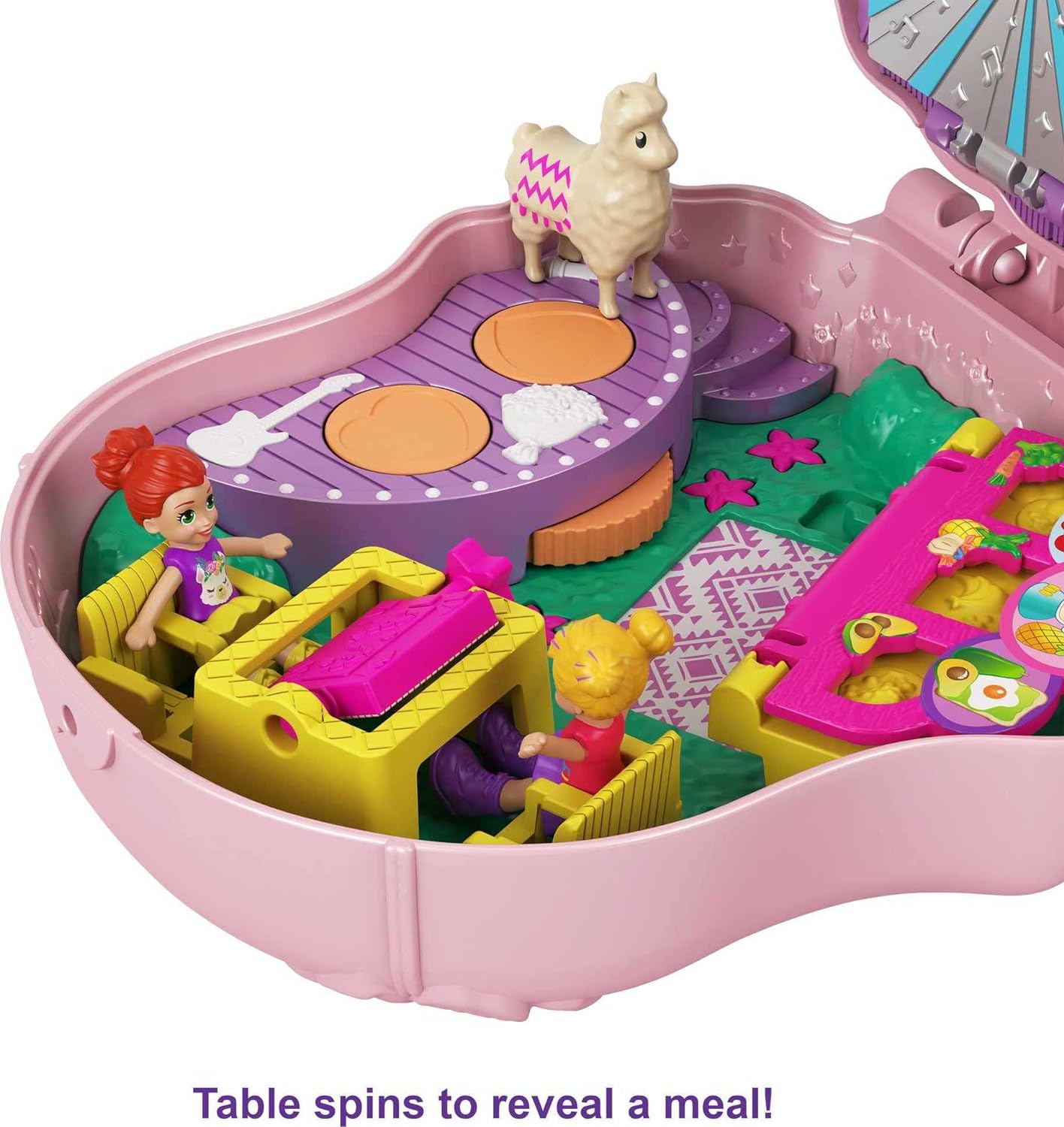 Polly Pocket Llama Music Party Compact with Stage, Spinning Dance Floor, Food Stalls, Micro Polly, Lila Dolls, 2 Llama Figures, Sticker Sheet, 4Y+, GKJ50