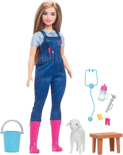 Barbie Boneca de 65º aniversário e 10 acessórios, conjunto de veterinário de fazenda com boneca veterinária loira, cordeiro com orelhas em movimento e muito mais, HRG42