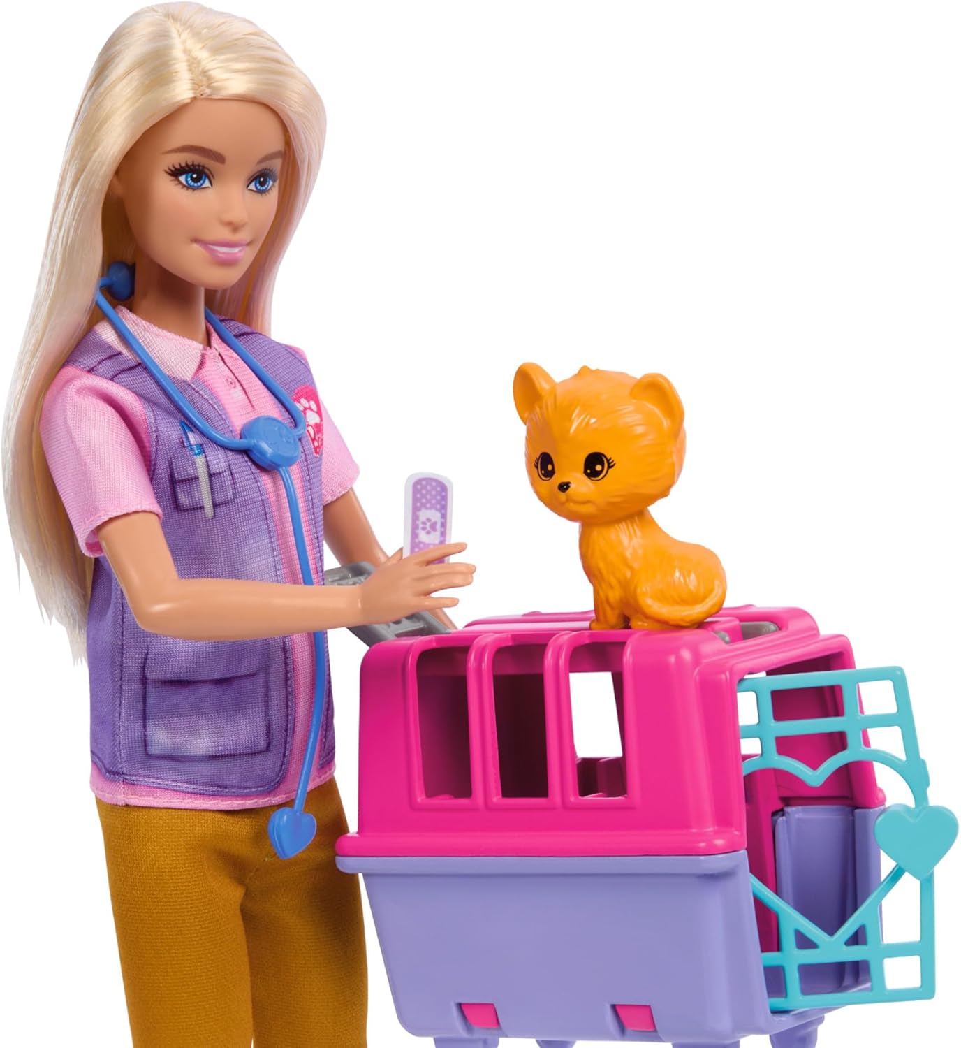 Barbie  Boneca e acessórios Careers, conjunto de resgate e recuperação de animais com boneca loira, bonecos de macaco e tigre, transportadora e muito mais, HRG50