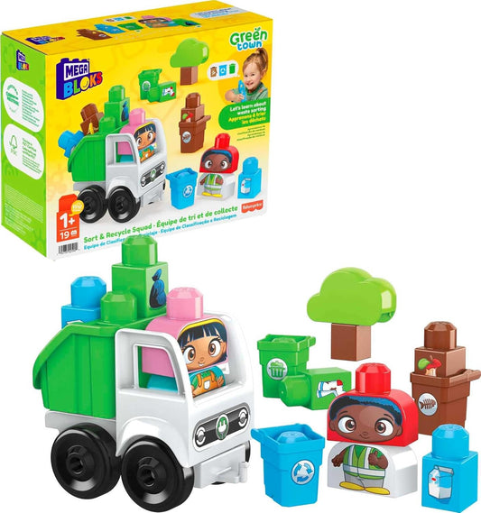 MEGA BLOKS Fisher-Price Toddler Building Blocks, Green Town Sort & Recycle Squad com 15 peças, 2 figuras, crianças de 1 ano ou mais, HDL06