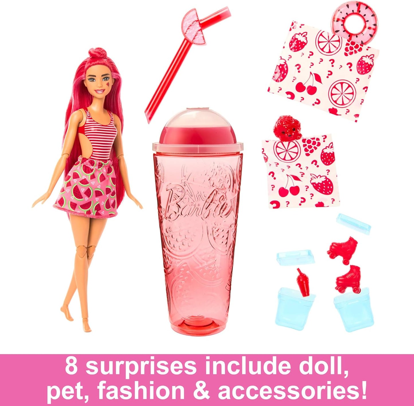 Muñeca Barbie Pop Reveal Fruit Series, tema Sandía Crush con 8 sorpresas que incluyen mascotas y accesorios, limo, perfume y cambio de color, HNW43