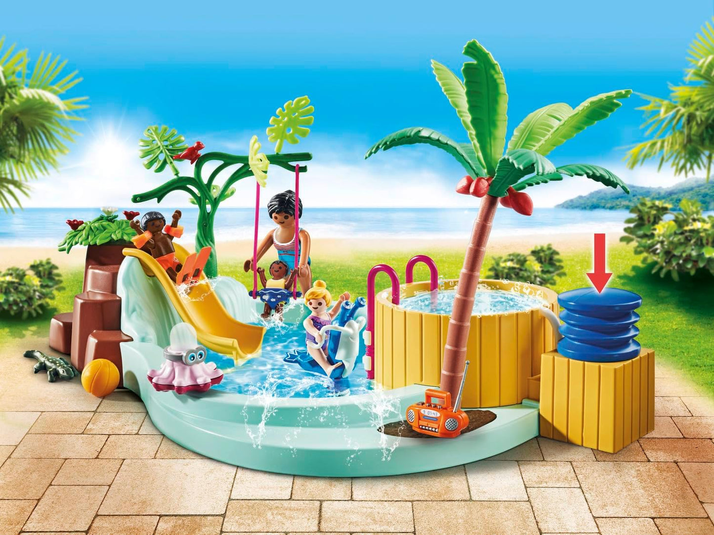 PLAYMOBIL Pacote promocional 71529 myLife: Piscina infantil com banheira de hidromassagem, diversão aquática na piscina infantil, incluindo escorregador de ondas, balanço de mola e balanço para bebês