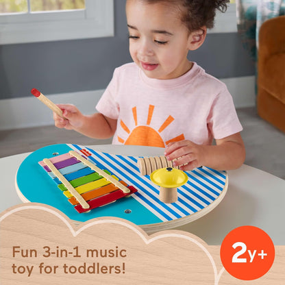 Fisher-Price Mesa musical de madeira de brinquedo para crianças com instrumentos de percussão, 3 peças de madeira para brincadeiras de desenvolvimento para crianças em idade pré-escolar com mais de 2 anos