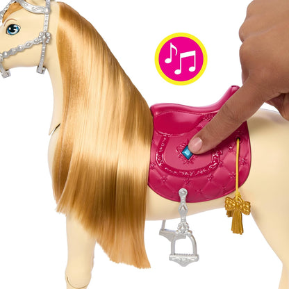 Barbie Cavalo de brinquedo com sons, música e acessórios, inspirado em Barbie The Great Horse Chase, cavalo se move, dança e pisca os olhos, HXJ42