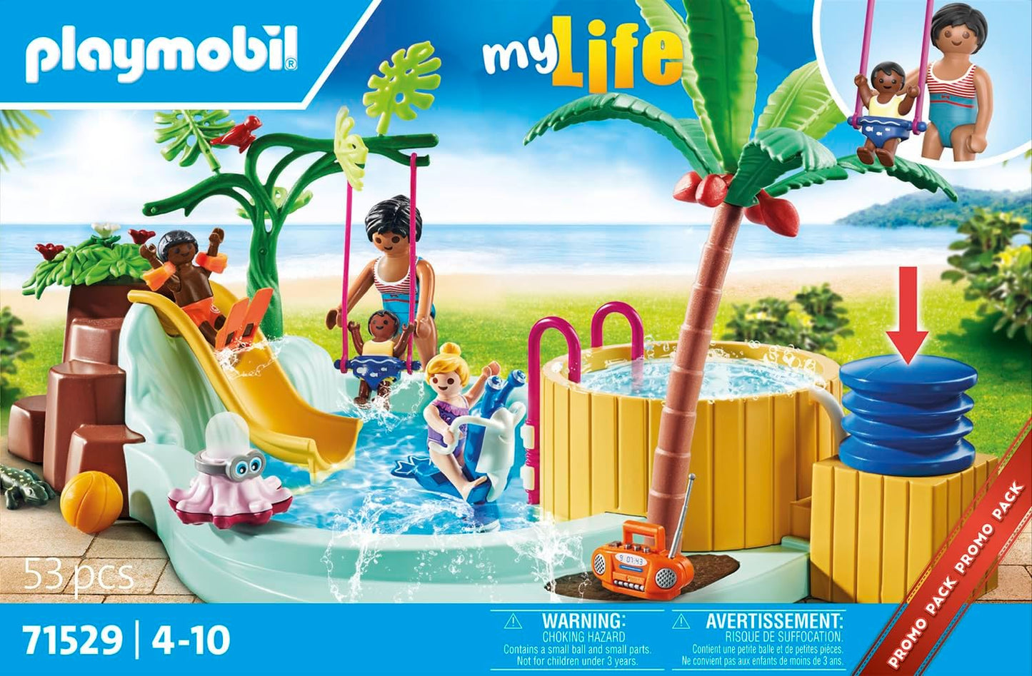 PLAYMOBIL Pacote promocional 71529 myLife: Piscina infantil com banheira de hidromassagem, diversão aquática na piscina infantil, incluindo escorregador de ondas, balanço de mola e balanço para bebês