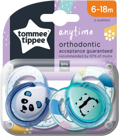 Tommee Tippee Chupetas Anytime, 6-18 m, pacote com 2, design ortodôntico simétrico, silicone sem BPA, azul