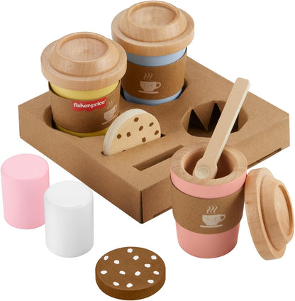 Fisher-Price Juego de café de viaje de madera para juguete preescolar, 15 piezas de tazas de café y golosinas de madera para niños a partir de 3 años,