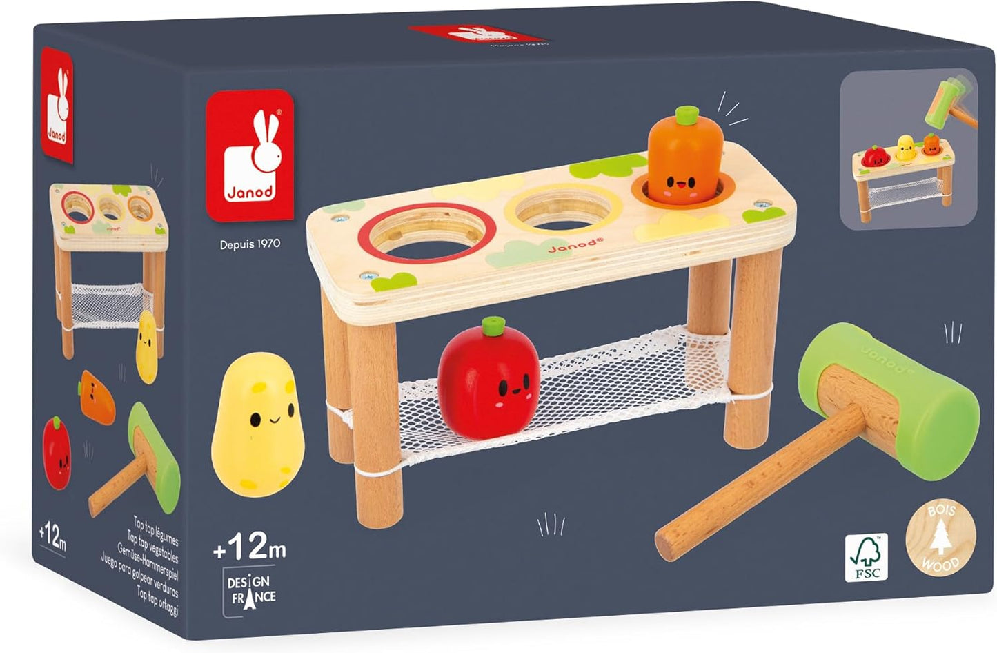 Janod Whack-A-Farm Game-Brinquedo de aprendizagem precoce para crianças-3 vegetais de jardim + 1 martelo-desenvolve habilidades motoras finas-Brinquedo de madeira FSC-12 meses +, J03309, multicolorido