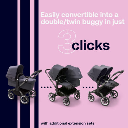 Bugaboo Donkey 5 Mono, conversível em carrinho duplo lado a lado, design aprimorado, assento reversível, direção com uma mão e cesta lateral, coleção clássica Dark Navy