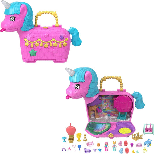 Polly Pocket Dolls e Playset com animais de estimação e mais de 25 acessórios surpresa, celebração de aniversário Unicorn Partyland Playset, passeio de balão de ar quente, HYD96