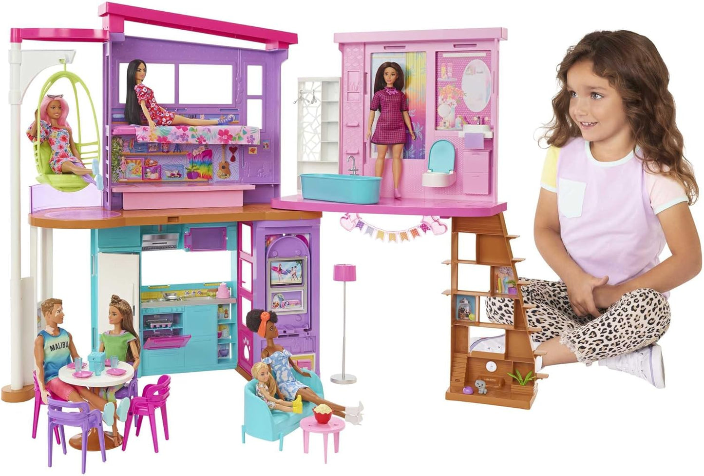 Barbie Casa de férias, casa da Barbie totalmente mobiliada de 2 andares com 6 áreas de recreação, cadeira de balanço com elevador, 30 acessórios, dobrar e guardar, brinquedos para maiores de 3 anos, uma casa de brinquedo, HCD50