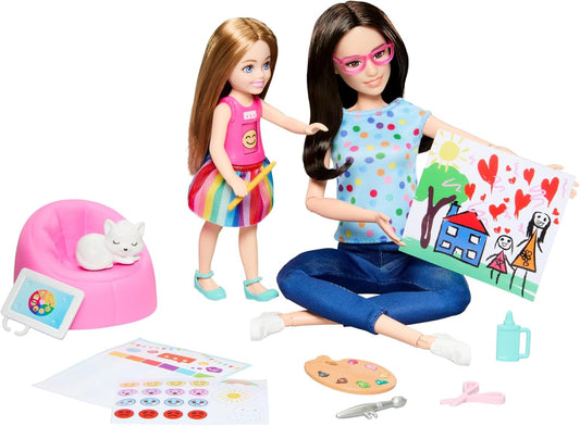 Barbie Conjunto de arteterapia com boneca terapeuta, boneca pequena com camisa emoji giratória e acessórios, incluindo animal de estimação, peças com tema de arte, adesivos e muito mais, HRG48