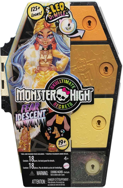 Monster High Boneca e conjunto de moda, Cleo De Nile, Skulltimate Secrets: Fearidescent Series, armário de vestir com mais de 19 surpresas, HNF76