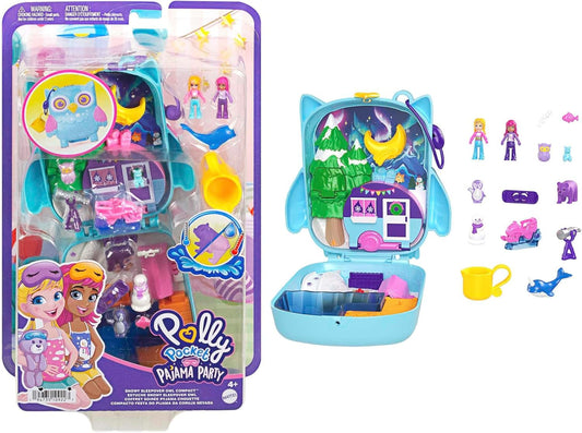 Polly Pocket Bonecas e conjunto de brinquedos, brinquedos de animais, festa do pijama, coruja da neve, conjunto de brinquedos compacto com brincadeira aquática e 2 peças que mudam de cor, HKV37