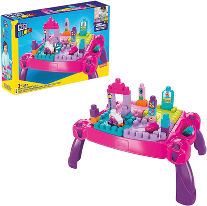 MEGA Blocos de construção para crianças BLOKS Fisher-Price, mesa de atividades para construir e aprender com 30 peças e armazenamento, rosa, crianças de 1 ano ou mais, FFG22