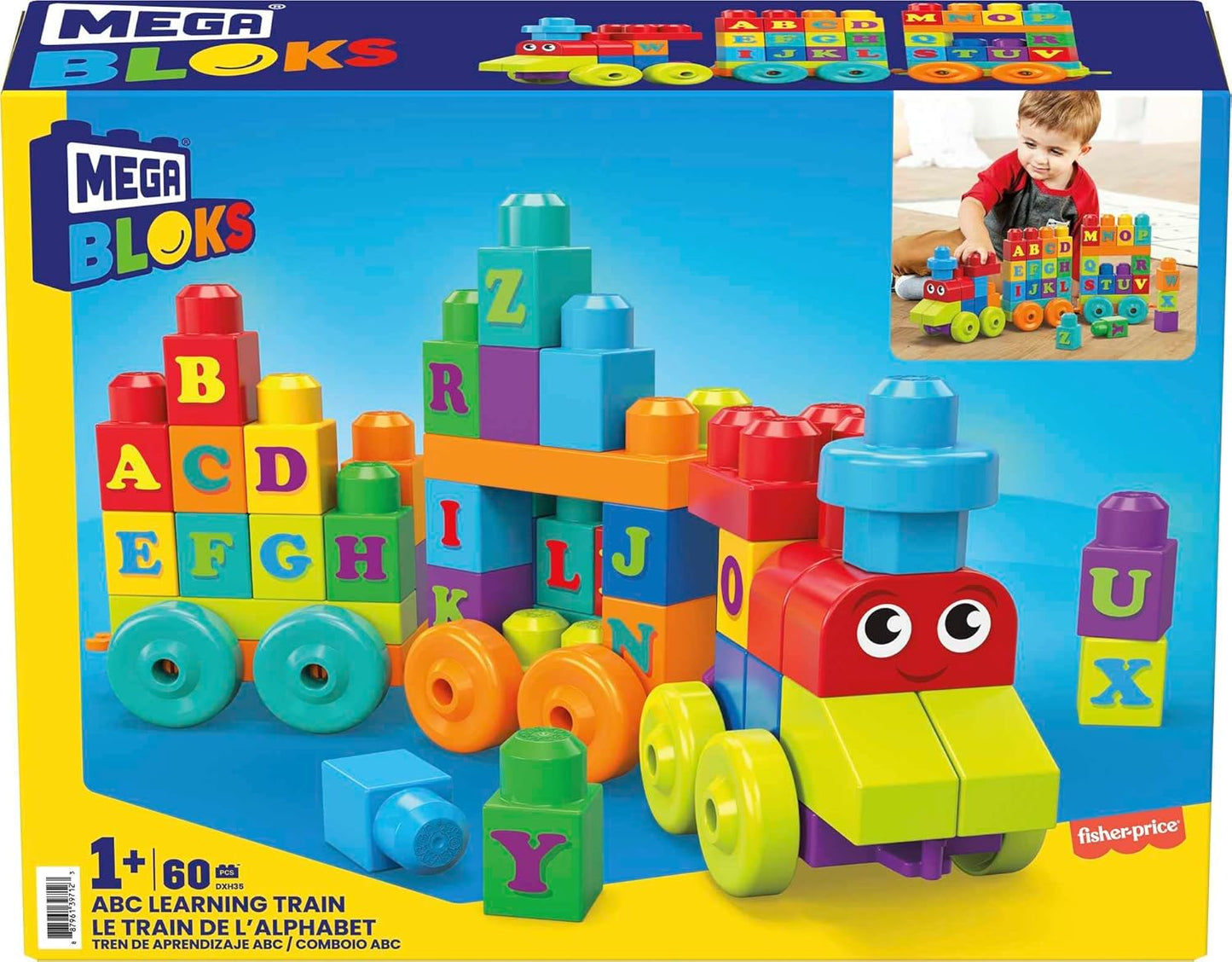 MEGA Conjunto de brinquedos de blocos de construção para crianças BLOKS First Builders, trem de aprendizagem ABC com 60 peças, maiores de 1 ano, DXH35