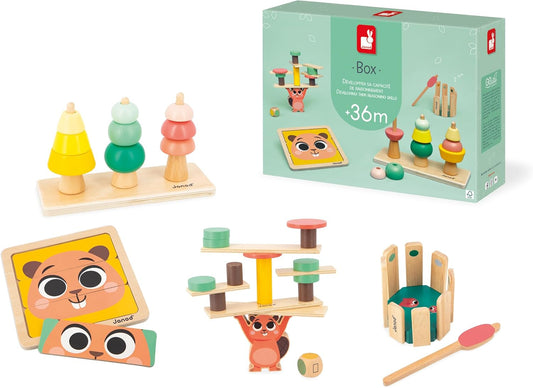 Janod - Caixa de jogos para bebês - 36 meses +, brinquedos infantis de aprendizagem precoce - quebra-cabeças e atividades práticas - brinquedos de atividade psicomotora e desenvolvimento - brinquedo para crianças a partir de 3 anos, J04066