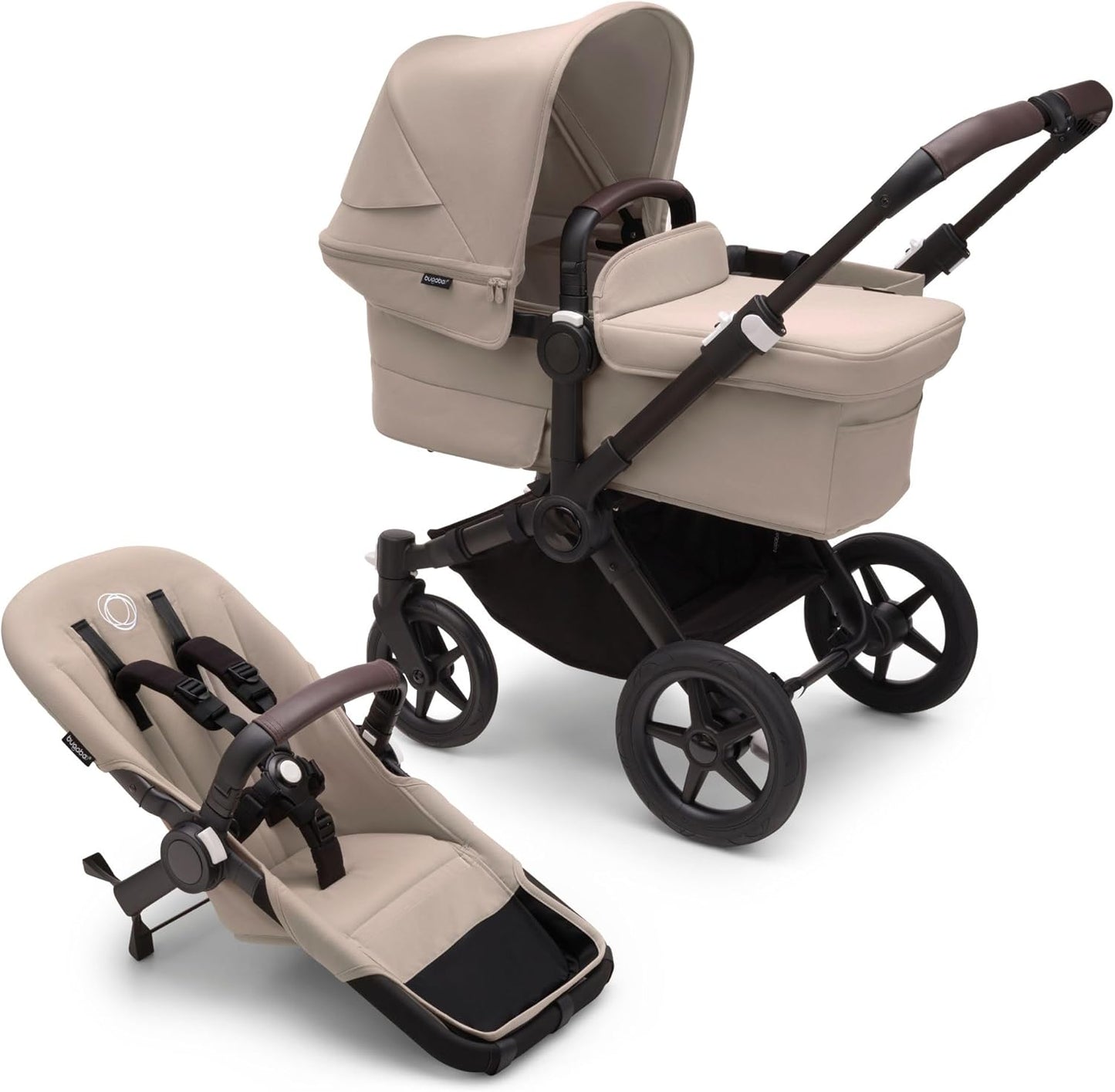 Bugaboo Donkey 5 Mono, conversível em carrinho duplo lado a lado, design aprimorado, assento reversível, direção com uma mão e cesta lateral, Desert Taupe