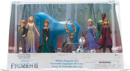 Disney Store Playset oficial de estatuetas Frozen 2 Deluxe, 9 peças. Conjunto, inclui Anna e Elsa em seus trajes de viagem, Rainha Anna, Elsa, a Rainha da Neve, Mathias, Nokk, Sven, Olaf e Kristoff, para maiores de 3 anos