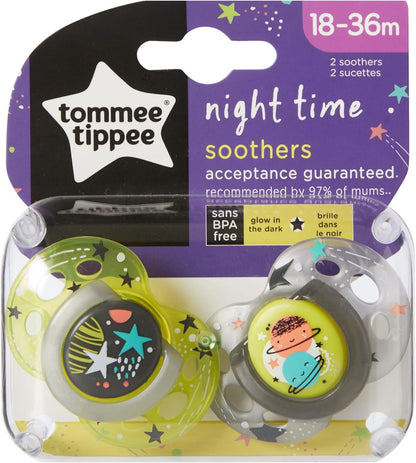 Tommee Tippee Chupetas Night Time Glow in the Dark, design ortodôntico simétrico, silicone sem BPA, 18-36m, pacote de 2 manequins