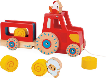 Janod - Trator Pull-Along - Brinquedo de aprendizagem precoce - 1 trator infantil + 6 acessórios - Rodas silenciosas - Desenvolve habilidades motoras - Brinquedo de madeira FSC - 12 meses +