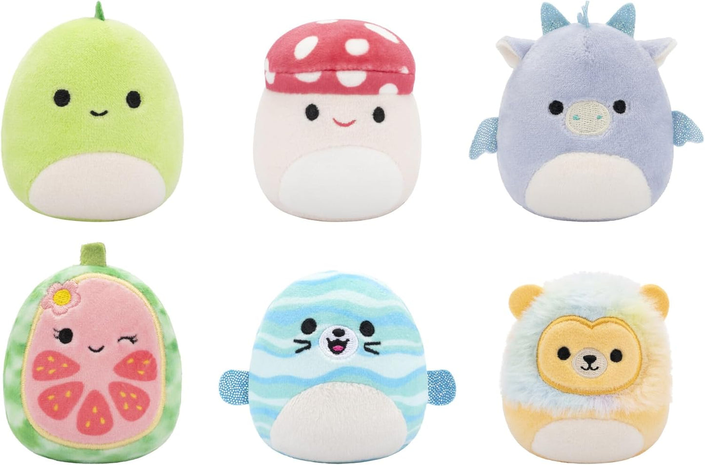 Squishmallows Micromallows Original Paquete de 6: Oruga Cortez, Dragón Danés, Papas fritas Floyd, Fruta de guayaba Lena, León Leonard, Foca Noé