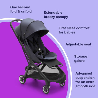 Bugaboo Butterfly, pequeno e leve, fácil de dobrar em 1 segundo, carrinho urbano ergonômico e extra espaçoso de bebê a criança, direção confortável, preto/azul tempestuoso