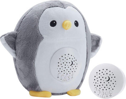 Meero London Máquina de ruído branco Penguin AKT13P, projetor de luz noturna, chupeta de pelúcia para bebê com projetor de estrelas noturnas com 15 canções de ninar musicais - pacote de presente - unissex