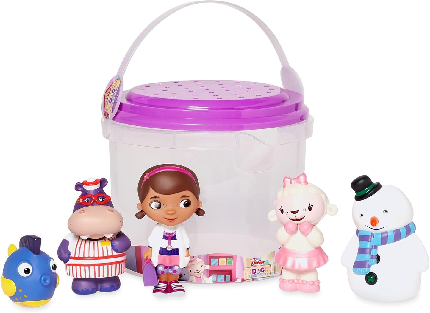 Disney Store Conjunto oficial de brinquedos de banho para crianças, Doc McStuffins, 5 peças, conjunto de brinquedos inclui balde com tampa de coar e cinco figuras, adequado para idades de 6 meses ou mais