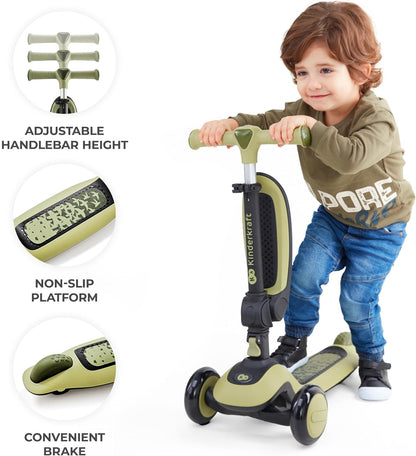 Kinderkraft Scooter Halley 2 em 1 para crianças de 1+ anos até 50 kg, scooter de 3 rodas, bicicleta de equilíbrio, fácil de dobrar, 2 rodas dianteiras piscantes, guidão ajustável, fácil de manusear, pesa apenas 3 kg, verde