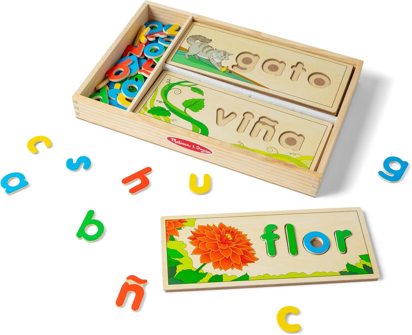 Melissa & Doug Espanhol See & Spell Brinquedo educacional de aprendizagem de línguas, brinquedos de desenvolvimento inicial e atividades, quebra-cabeça, quebra-cabeça de madeira, presente para menino ou menina de 3 anos