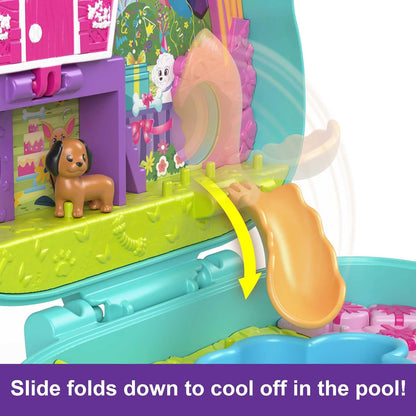 Polly Pocket Mini brinquedos, Doggy Birthday Bash, conjunto de brinquedos compacto com 2 microbonecas e 14 acessórios, brinquedos de viagem Pocket World com surpresas reveladas, HKV30