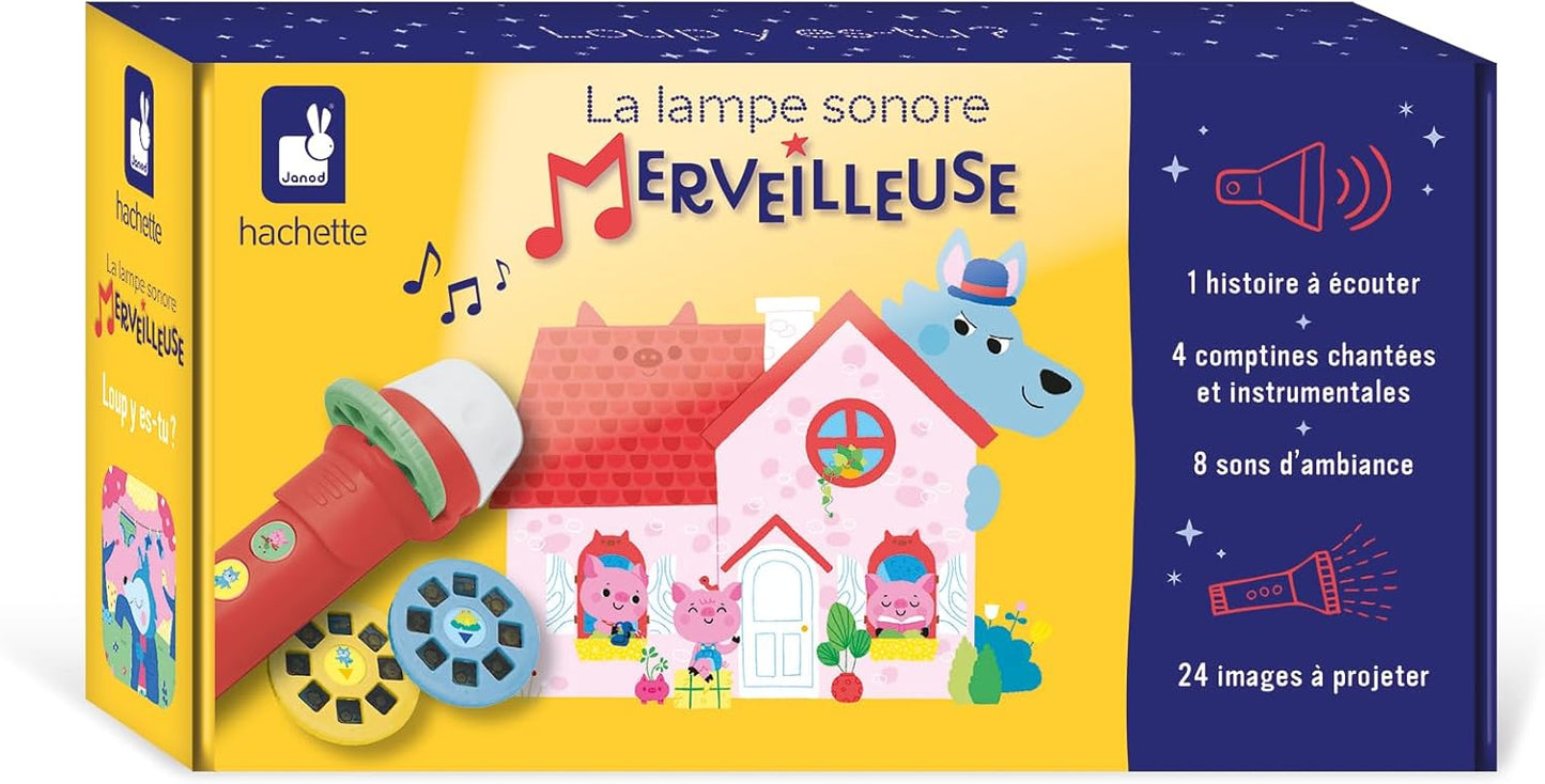 Janod - Maravillosa lámpara de sonido - ¿Lobo, verdad? - Cuento infantil Cuento Cuento - Lámpara infantil disponible en 4 universos - Caja de cuentos educativos para niños - Actividad para niños de 3 años en adelante