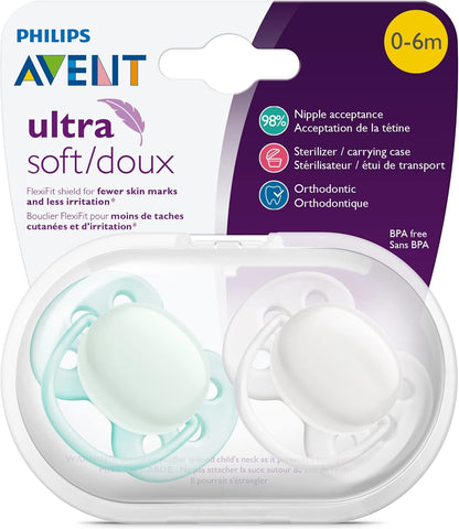 Philips AVENT Chupeta ultramacia , 0-6 meses, branco ártico/verde, pacote com 4, SCF214/40