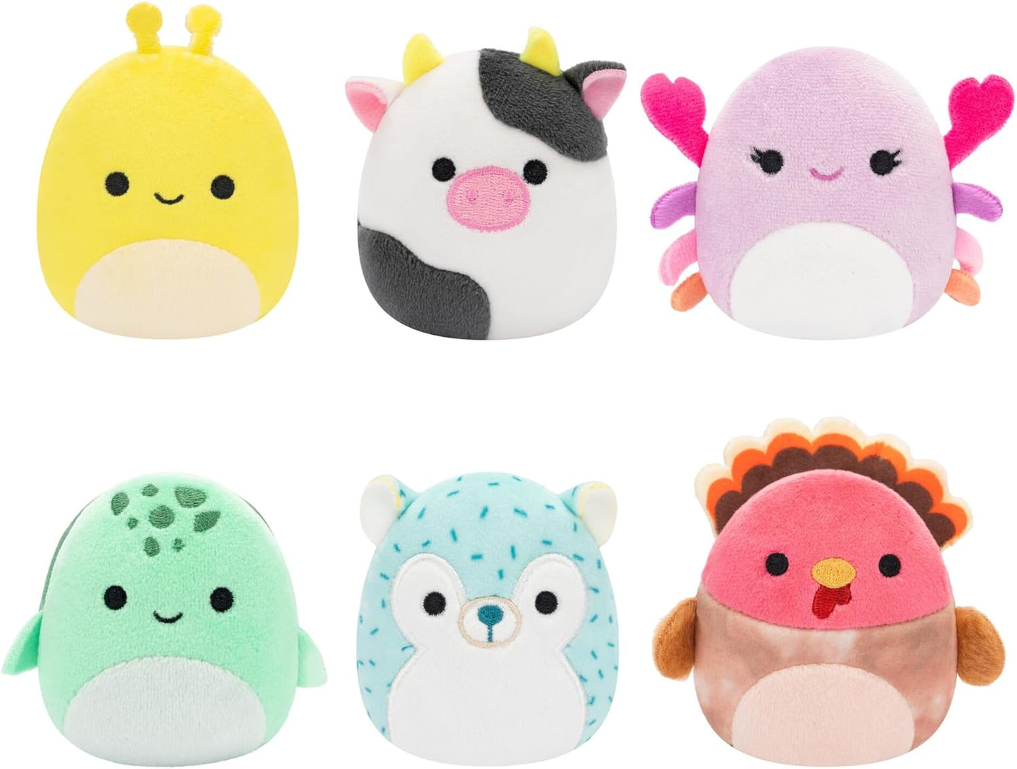 Micromallows Squishmallows Original 6-Pack - Cailey Crab, Cole Turtle, Connor Cow, Gavi Turkey, Hasani Hedgehog, Zarina Banana Slug