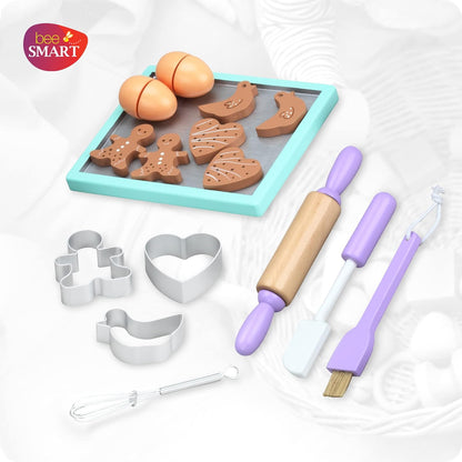 Bee Smart Conjunto para assar biscoitos de madeira 20 peças | Conjunto infantil com biscoitos, assadeira, tigela e acessórios | Kit de cozinha para dramatização infantil e brincadeiras imaginárias