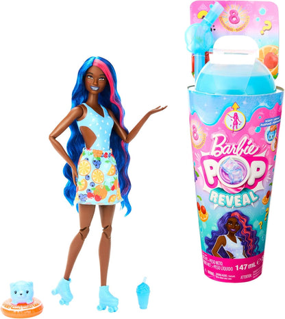 Barbie Boneca Pop Reveal Fruit Series, tema de ponche de frutas com 8 surpresas, incluindo animais de estimação e acessórios, lodo, perfume e mudança de cor, HNW42