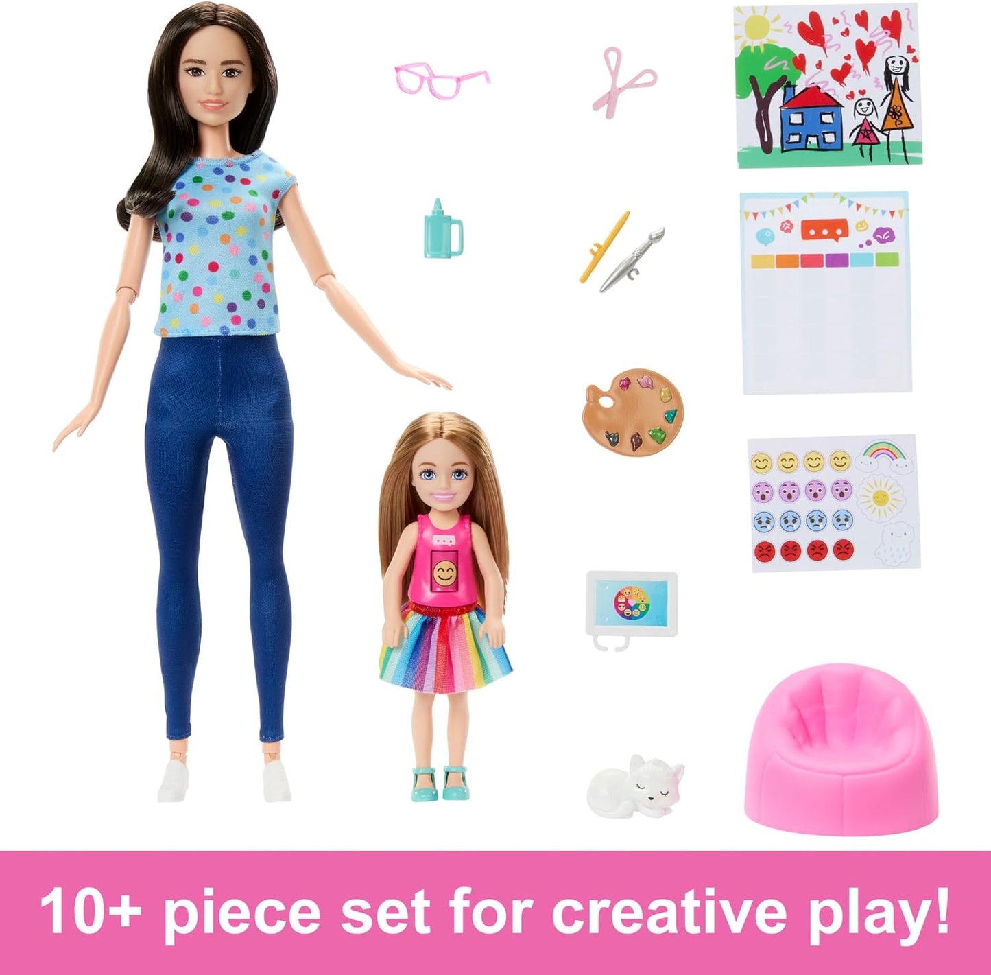 Barbie Conjunto de arteterapia com boneca terapeuta, boneca pequena com camisa emoji giratória e acessórios, incluindo animal de estimação, peças com tema de arte, adesivos e muito mais, HRG48