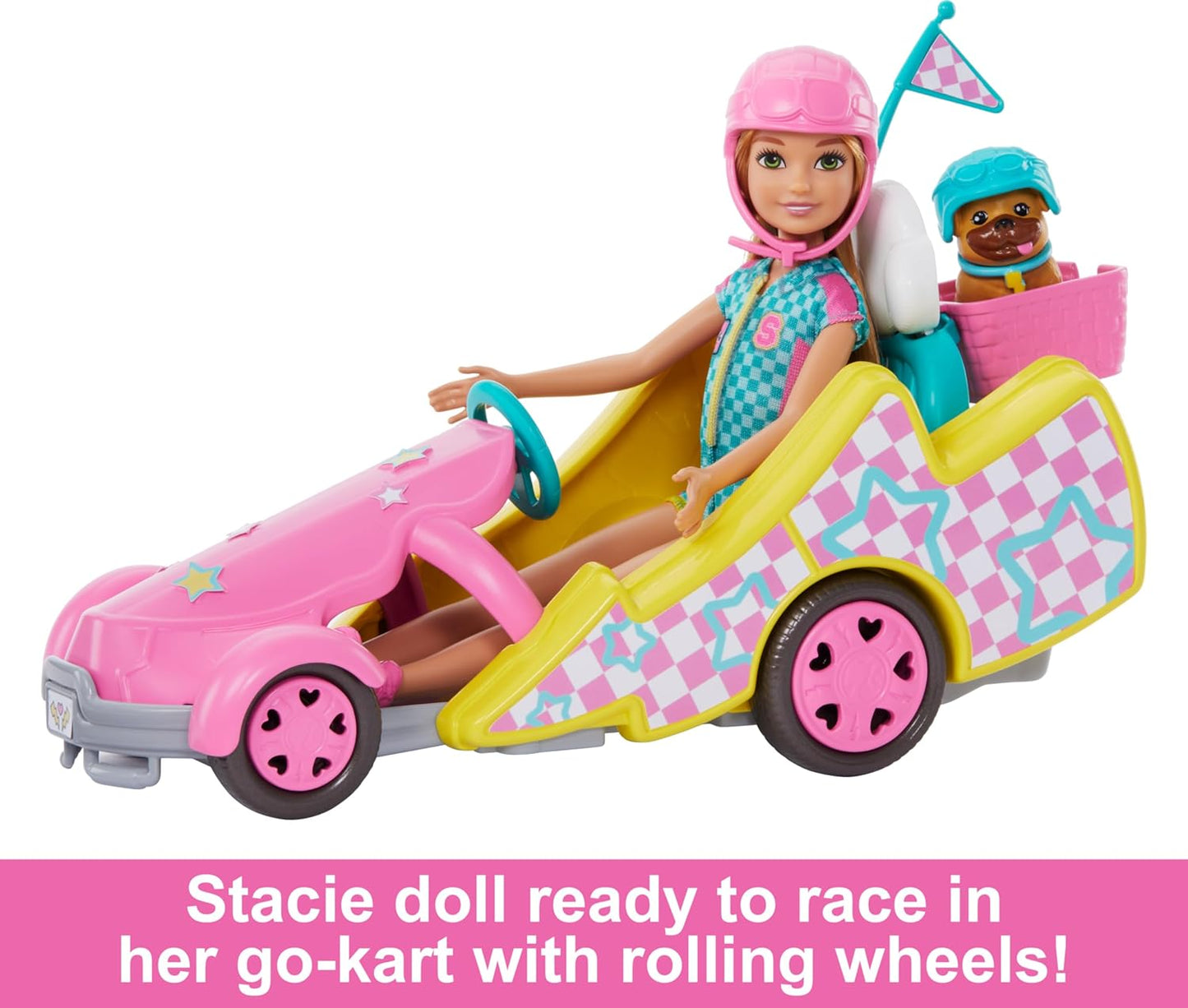 Barbie Boneca Stacie com carrinho de kart com rodas giratórias, cachorro, acessórios e folha de adesivos, conjunto de brinquedos de 9 peças, HRM08