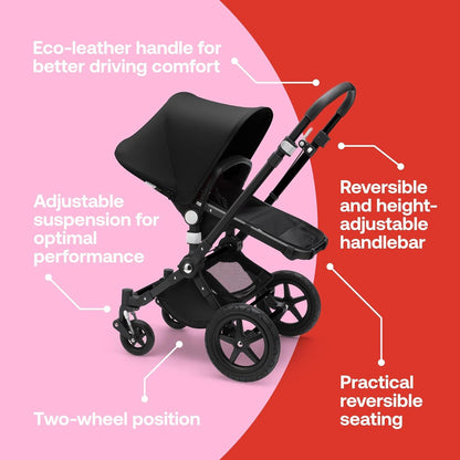 Bugaboo Cameleon 3 Plus, carrinho de bebê 2 em 1 com guiador reversível, moldura preta e tecidos pretos