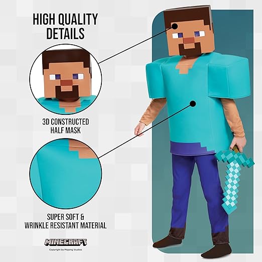 Disguise  Fantasia oficial de luxo de Steve Minecraft para crianças, fantasias de Halloween para crianças, roupa extravagante disponível nos tamanhos S, M e L