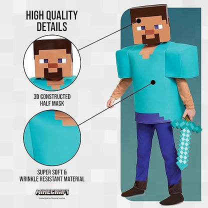 Disguise  Fantasia oficial de luxo de Steve Minecraft para crianças, fantasias de Halloween para crianças, roupa extravagante disponível nos tamanhos S, M e L